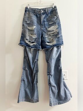 Aelfric Eden NWT size 30 distressed denim shorts over pinstripe flared pants